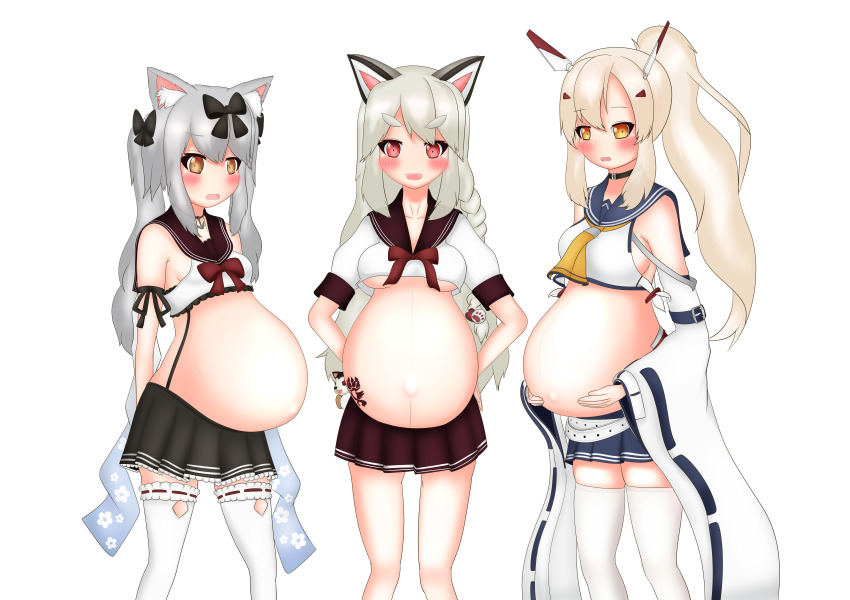 3girls absurdres ayanami_(azur_lane) azur_lane black_skirt blue_skirt highres multiple_girls pregnant red_skirt sailor_collar skirt yukikaze_(azur_lane) yuudachi_(azur_lane)
