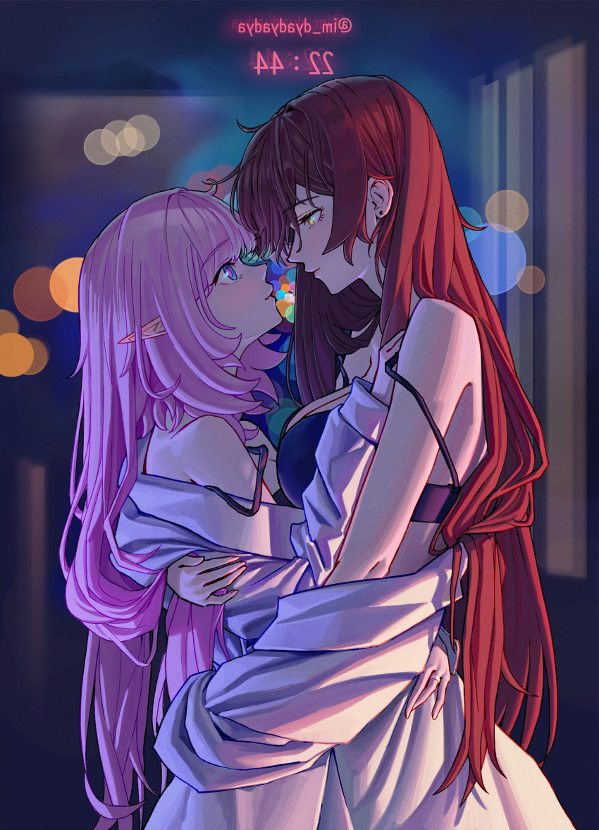 2girls backwards_text bare_shoulders blanket blue_eyes blurry blurry_background bokeh bra breasts cleavage cowboy_shot depth_of_field dyadyadya earrings eden_(honkai_impact) elysia_(honkai_impact) highres honkai_(series) honkai_impact_3rd hug jewelry long_hair looking_at_another medium_breasts multiple_girls night orange_eyes pink_hair pointy_ears red_hair small_breasts strap_slip stud_earrings twitter_username underwear yuri