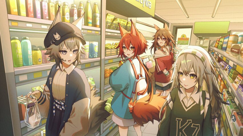 4girls alternate_costume animal_ears arknights ashlock_(arknights) backpack bag bird_girl black_hat blue_jacket brown_eyes brown_hair convenience_store ears_through_headwear ev-oo fartooth_(arknights) flametail_(arknights) green_sweater grey_eyes grey_hair hat headband highres horse_ears horse_girl jacket letterman_jacket multiple_girls red_hair red_jacket shop short_hair skirt squirrel_ears squirrel_girl squirrel_tail sweater tail wild_mane_(arknights) yellow_eyes