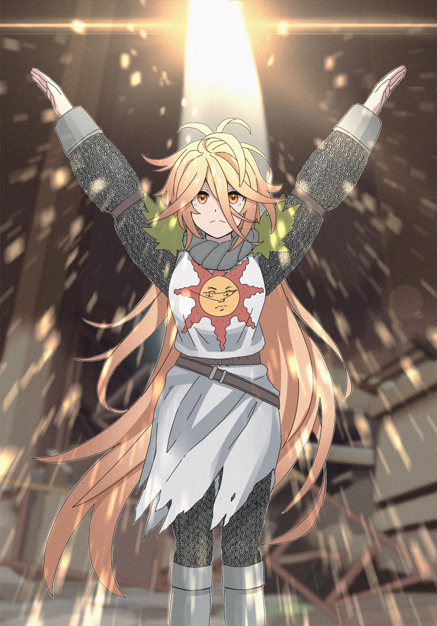 1girl armor arms_up blonde_hair closed_mouth cosplay dark_souls_(series) full_armor girls&#039;_frontline girls&#039;_frontline_neural_cloud highres long_hair o/ outstretched_arms praise_the_sun sol_(neural_cloud) solaire_of_astora solaire_of_astora_(cosplay) solo sun_symbol tab_(tabkun) very_long_hair yellow_eyes