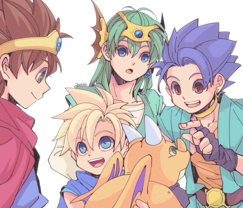 29qmatatavi 4boys belt blonde_hair blue_cape blue_cloak blue_eyes blue_gemstone blue_hair blue_tunic brown_eyes brown_hair cape child circlet cloak collarbone dragon dragon_quest dragon_quest_iii dragon_quest_iv dragon_quest_v dragon_quest_vi earrings fingerless_gloves gem gloves green_hair green_tunic headset hero&#039;s_son_(dq5) hero_(dq3) hero_(dq4) hero_(dq6) jewelry long_sleeves looking_at_another male_focus medium_hair monster multiple_boys neck_ring open_mouth parted_lips red_cape roto_(dq3) shirt short_hair small_fry_(dragon_quest) smile spiked_hair teeth tunic upper_body upper_teeth_only white_background white_shirt