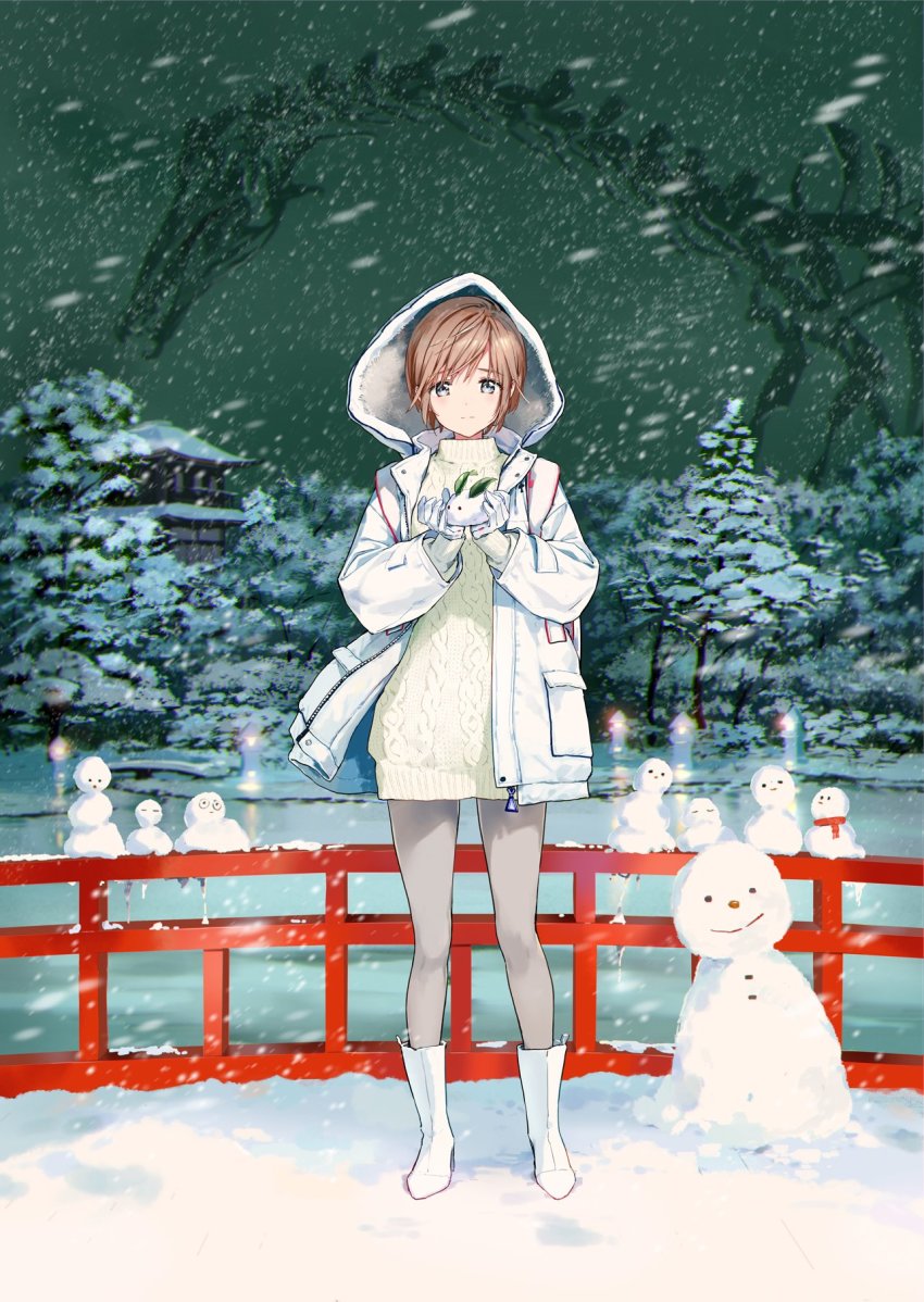 1girl blue_eyes boots brown_hair coat dress gloves grey_sky highres hood hood_up hooded_coat long_sleeves looking_at_viewer night open_clothes open_coat original outdoors pantyhose railing ribbed_dress short_dress short_hair sky snow snow_rabbit snowman solo standing sweater sweater_dress swept_bangs tiv tree turtleneck white_boots white_coat white_gloves white_pantyhose white_sweater wind wooden_railing