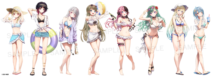 6+girls absurdres aizawa_ema aizawa_ema_(summer_c102) ankle_strap anklet asumi_sena asumi_sena_(summer_c102) ball bare_legs bare_shoulders barefoot beachball bikini bikini_skirt bikini_under_clothes bikini_under_shorts black_bikini black_bow black_choker black_hair blonde_hair blue_bikini blue_eyes blue_hair bow bow_choker bracelet breasts choker comiket_102 cup eyewear_on_head flip-flops flower frilled_bikini frills gradient_hair green_hair grey_hair hair_bow hair_flower hair_ornament hair_ribbon hanabusa_lisa hanabusa_lisa_(summer_c102) hat hat_bow heart heart_tail highleg highleg_bikini highres holding holding_ball holding_beachball holding_cup holding_removed_eyewear holding_sandals holding_unworn_clothes holding_unworn_hat holding_water_gun holding_weapon jacket jewelry kisaragi_ren_(summer_c102) kisaragi_ren_(vtuber) kogara_toto kogara_toto_(summer_c102) large_breasts leglet long_hair looking_at_viewer medium_breasts multicolored_hair multiple_girls navel necklace o-ring o-ring_bikini o-ring_top off-shoulder_bikini off_shoulder orange_eyes pink_hair purple_eyes red_eyes red_hair ribbon sandals see-through_clothes see-through_sleeves shiranami_ramune shiranami_ramune_(summer_c102) short_shorts shorts side-tie_bikini_bottom simple_background standing stomach straw_hat streaked_hair summer_tail720 sunglasses swimsuit tachi-e tachibana_hinano tachibana_hinano_(summer_c102) tail twintails unworn_eyewear unworn_hat unworn_headwear virtual_youtuber vspo! water_gun weapon white_background white_bow yakumo_beni yakumo_beni_(summer_c102)