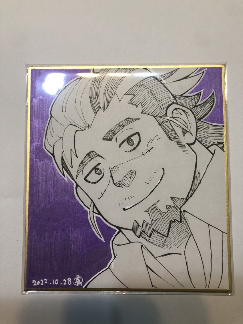 1boy bara boogeyman_(housamo) collared_shirt commentary_request dated ei_(marutendon) facial_hair goatee greyscale_with_colored_background hatching_(texture) high_ponytail highres linear_hatching male_focus mature_male monochrome multicolored_hair muscular muscular_male outline photo_(medium) ponytail purple_background scar scar_on_face shikishi shirt signature solo tokyo_houkago_summoners traditional_media two-tone_hair white_outline