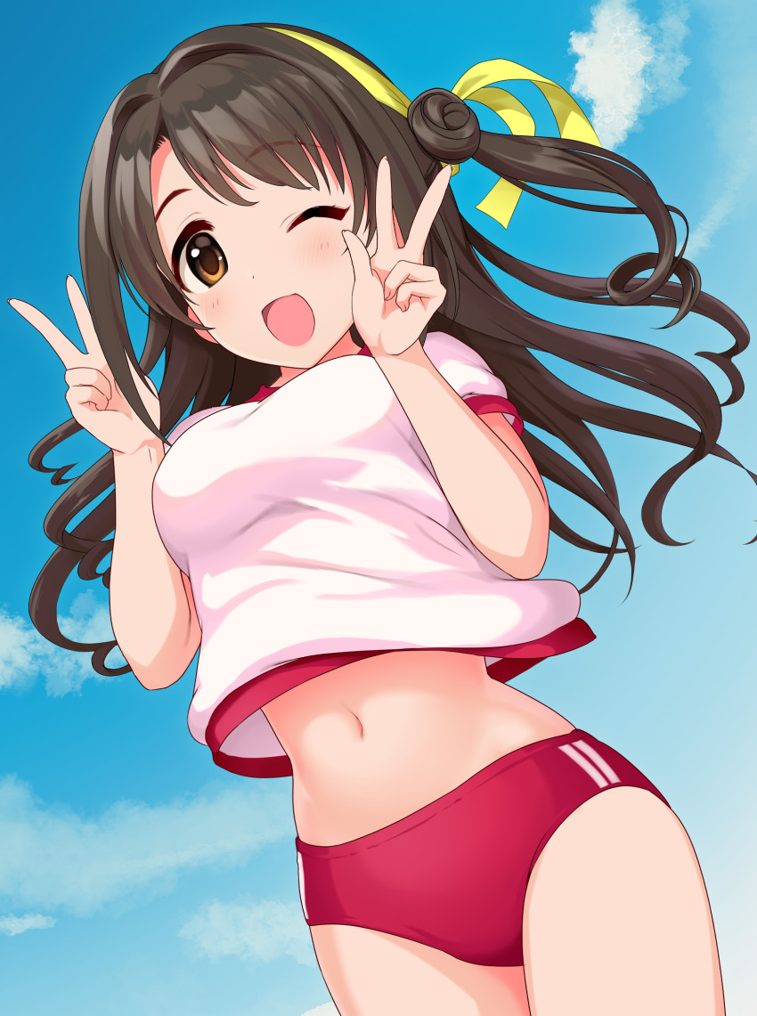 1girl blue_sky brown_eyes brown_hair buruma cloud day double_v gym_shirt gym_uniform highres idolmaster idolmaster_cinderella_girls long_hair midriff natsuya_(natuya777) navel one_eye_closed open_mouth outdoors red_buruma shimamura_uzuki shirt short_hair short_sleeves sky smile solo v white_shirt