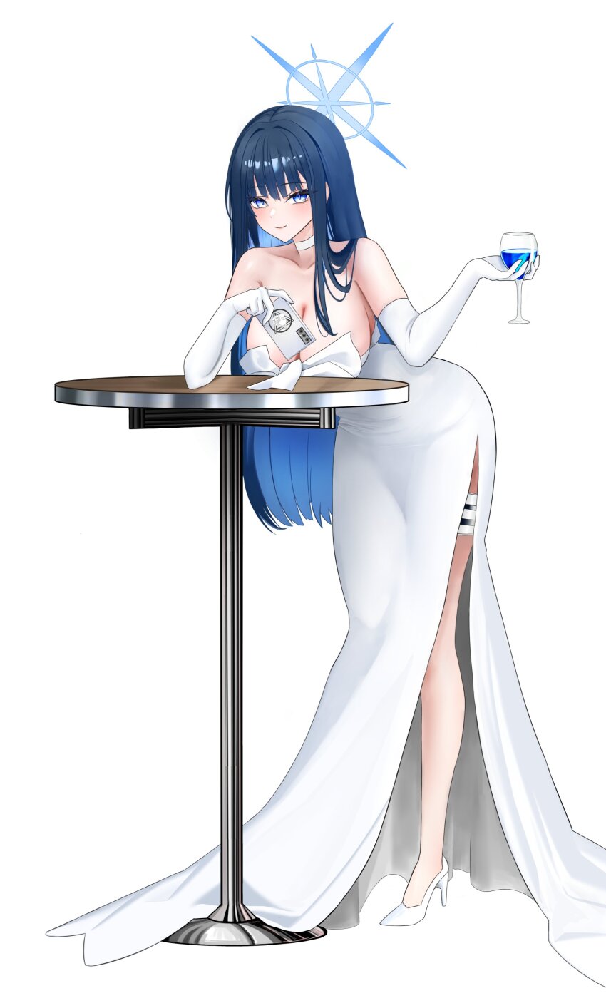 1girl absurdres bare_shoulders blue_archive blue_eyes blue_hair blue_halo breasts cellphone cleavage closed_mouth collarbone commentary_request cup dress drinking_glass elbow_gloves full_body gloves halo hezzu_0 high_heels highres holding holding_cup holding_phone large_breasts leaning long_hair official_alternate_costume phone saori_(blue_archive) saori_(dress)_(blue_archive) shoes simple_background smile solo strapless strapless_dress table very_long_hair white_background white_dress white_gloves white_shoes wine_glass