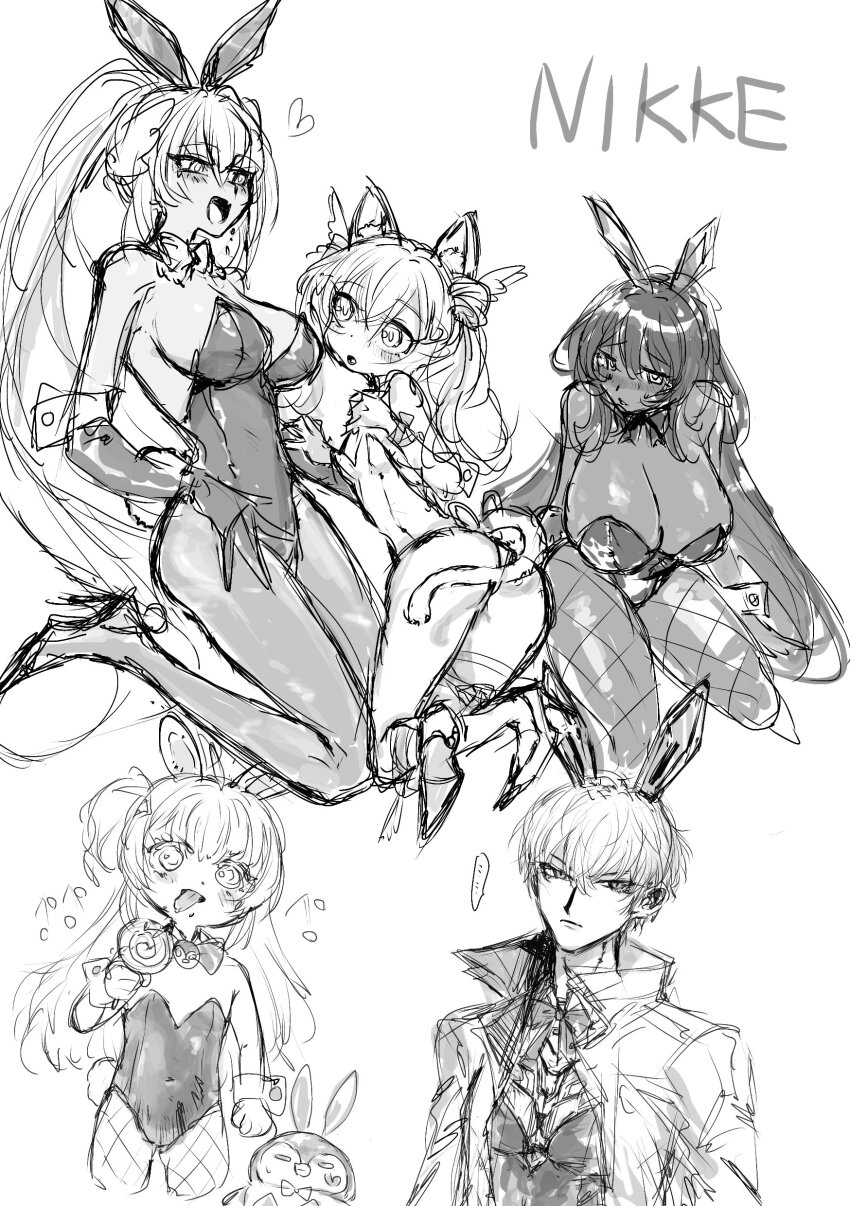 1boy 1other 4girls :d :o absurdres agtt25333 alternate_costume animal_ear_headwear animal_ears bare_shoulders bird blush bow bowtie breasts candy cat_ears cat_tail cleavage copyright_name cyborg dark-skinned_female dark_skin detached_collar double_bun embarrassed fake_animal_ears fake_tail fang fishnet_pantyhose fishnets food gloves goddess_of_victory:_nikke greyscale hair_between_eyes hair_bun hair_intakes hair_ornament heart high_heels highleg highleg_leotard highres holding holding_candy holding_food holding_lollipop jacket johan_(nikke) kittysuit large_breasts leotard lollipop long_hair male_playboy_bunny monochrome multiple_girls n102_(nikke) noir_(nikke) nontraditional_playboy_bunny official_alternate_costume one_side_up open_clothes open_jacket open_mouth pantyhose penguin playboy_bunny ponytail rabbit_ears rabbit_tail rei_(nikke) rupee_(nikke) rupee_(rabbit_deluxe)_(nikke) short_hair simple_background sketch small_breasts smile strapless strapless_leotard swirl_lollipop tail thigh_strap tongue tongue_out very_long_hair white_background wrist_cuffs