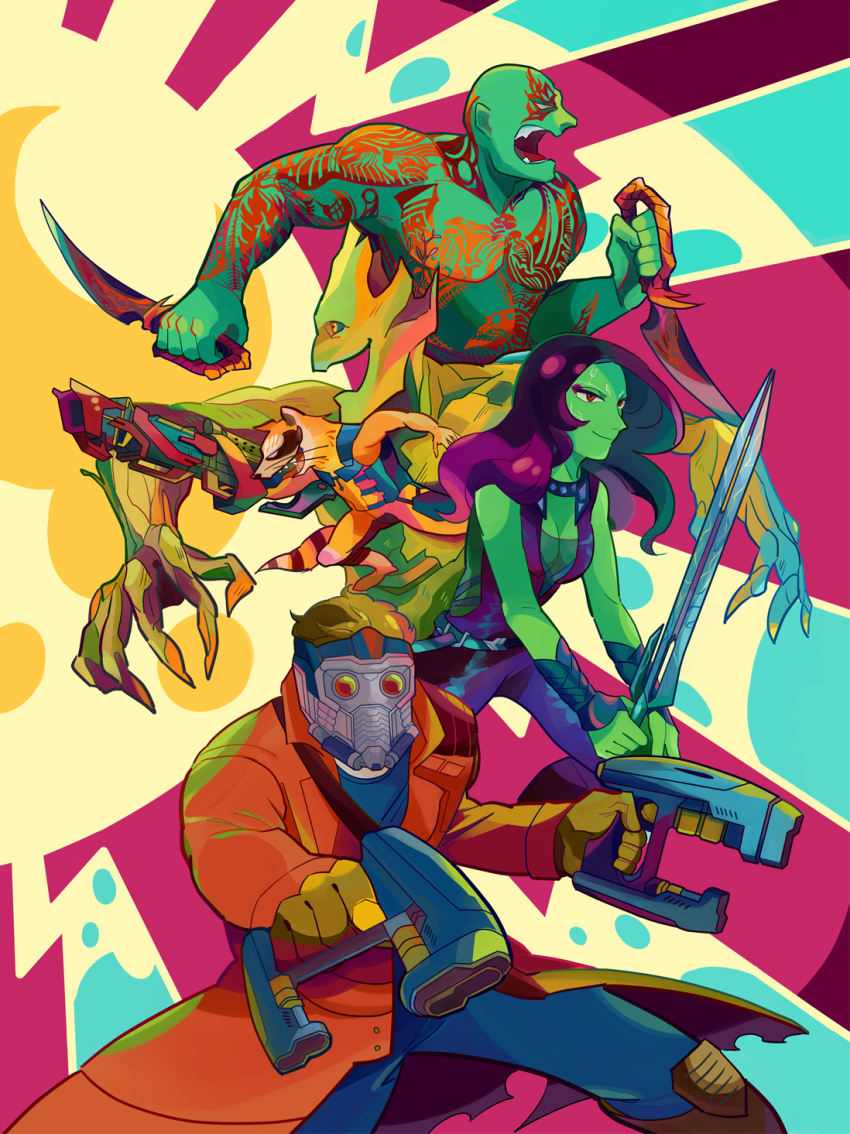 1girl 4boys alien colorful drax_the_destroyer fujimayo gamora groot guardians_of_the_galaxy gun highres marvel marvel_cinematic_universe mask multiple_boys peter_quill raccoon rocket_raccoon star-lord sword weapon