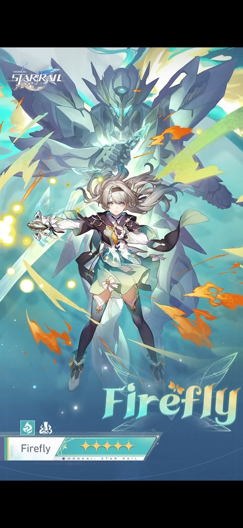 (honkai: 1girl black_hairband black_jacket bug firefly firefly_(honkai:_star_rail) green_skirt hairband highres honkai:_star_rail honkai_(series) insect jacket long_hair rail) skirt star sword weapon