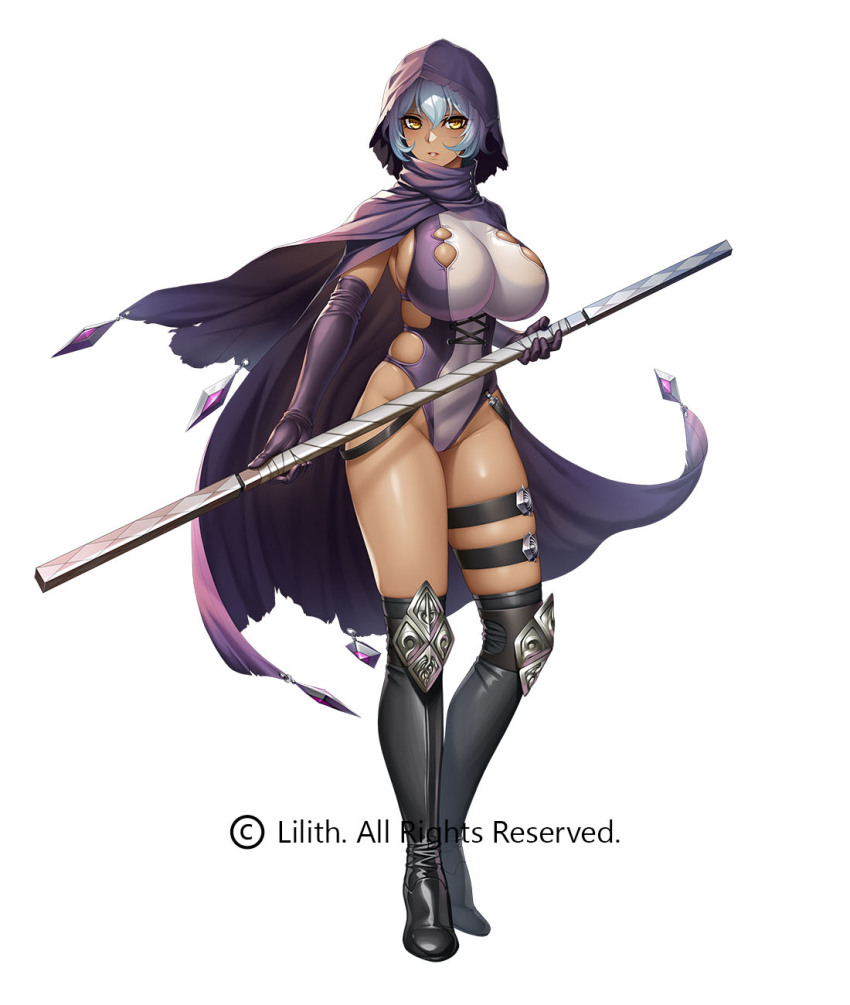 1girl aqua_hair bare_shoulders boots breasts cape cloak copyright_name covered_navel curvy full_body gloves hair_ornament highleg highleg_leotard highres holding holding_weapon hood hooded_coat huge_breasts impossible_clothes impossible_leotard kurotani_kai leotard lilith-soft lips looking_at_viewer multicolored_leotard polearm rabidhowl revealing_clothes shiny_clothes shiny_skin simple_background solo taimanin_(series) taimanin_rpgx thong_leotard two-tone_leotard weapon white_background wide_hips yellow_eyes