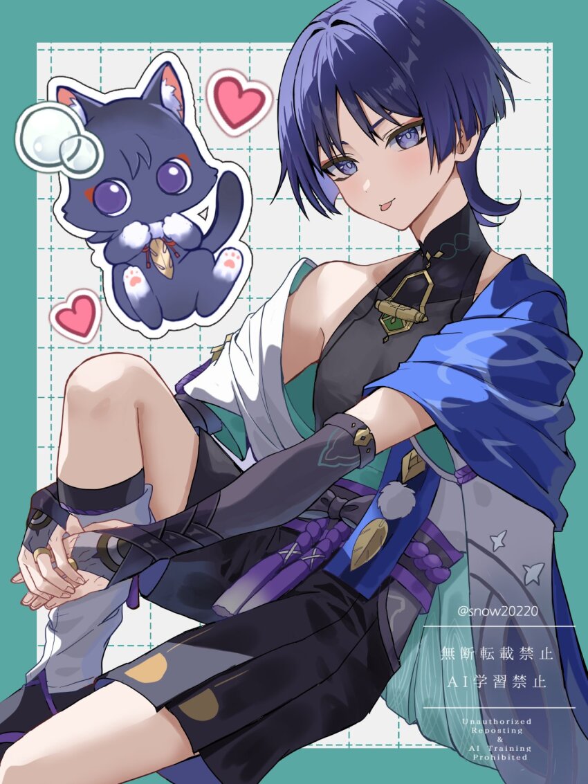 1boy animal_print animalization aqua_kimono aqua_sleeves armor belt bird_print black_belt black_bodysuit black_bow black_bridal_gauntlets black_cat black_leggings black_shorts blue_cape blunt_ends bodysuit border bow bridal_gauntlets cape cat checkered_background covered_collarbone eyeliner eyeshadow feathers fingernails furisode genshin_impact gold_ring green_border grey_trim hair_intakes hakama hakama_shorts heart highres hip_vent hugging_own_leg japanese_armor japanese_clothes juban kimono knee_up kote kurokote layered_sleeves leg_warmers leggings light_blush looking_at_viewer makeup male_focus mandarin_collar middle_ring open_clothes open_kimono person_and_animalization pleated_shorts pom_pom_(clothes) purple_eyes purple_hair purple_pupils purple_rope purple_sash red_eyeliner red_eyeshadow rope sash scaramouche_(cat)_(genshin_impact) scaramouche_(genshin_impact) short_sleeves shorts shoulder_peek simple_background single_off_shoulder snow20200 stirrup_legwear tassel toeless_legwear tongue tongue_out tsurime twitter_username wanderer_(genshin_impact) watermark white_kimono white_leg_warmers white_sleeves wispy_bangs yellow_feathers