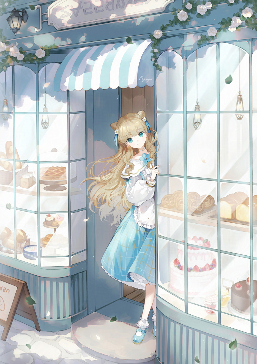 1girl apron aqua_eyes artist_name baguette bakery bell_jar blonde_hair blue_dress blue_flower blue_ribbon blue_shoes bread building cake capelet center_frills cherry chocolate_cake choker cinnamon_roll collarbone commentary croissant cupcake dappled_sunlight display display_case doorway double_bun dress falling_leaves floating_hair flower food frilled_apron frills fruit full_body gold_trim grid_print hair_bun hair_flower hair_ornament hair_over_shoulder hair_ribbon hand_on_window hand_up hanging_light highres jam jar knees_together_feet_apart layer_cake leaf light_particles loaf_of_bread long_hair long_sleeves looking_at_viewer mary_janes medium_dress menu_board original outdoors pastry petticoat pie plant puffy_long_sleeves puffy_sleeves ribbon rose shoes shop smile socks solo standing storefront strawberry_cake sunlight tiered_tray tray vines wavy_hair white_apron white_choker white_flower white_rose white_socks window yuyuhi_fine
