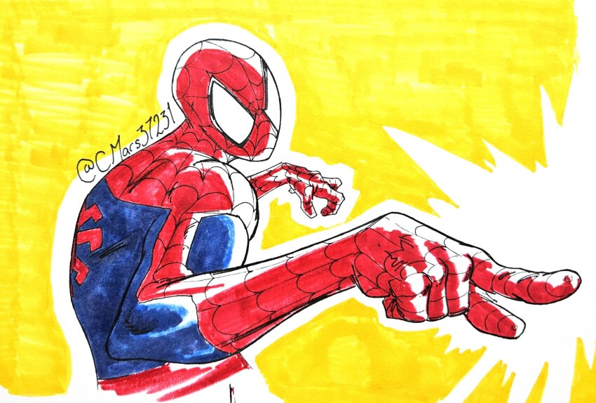 1boy artist_name cmars37231 highres leotard male_focus marvel marvel_vs._capcom marvel_vs._capcom_3 muscular muscular_male signature solo spider-man spider-man_(series) superhero_costume twitter_username western_comics_(style) yellow_background
