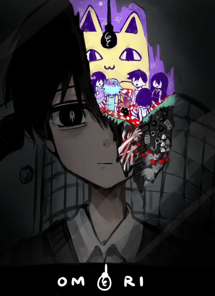 1boy aegyo_sal aubrey_(headspace)_(omori) aubrey_(omori) basil_(headspace)_(omori) basil_(omori) big_yellow_cat_(omori) black_eyes black_hair black_sweater_vest cat closed_mouth collared_shirt expressionless hero_(headspace)_(omori) hero_(omori) highres kel_(headspace)_(omori) kel_(omori) male_focus mari_(headspace)_(omori) mari_(omori) mewo omori rice_burgerr shirt solo something_(omori) sunny_(omori) sweater_vest upper_body white_shirt
