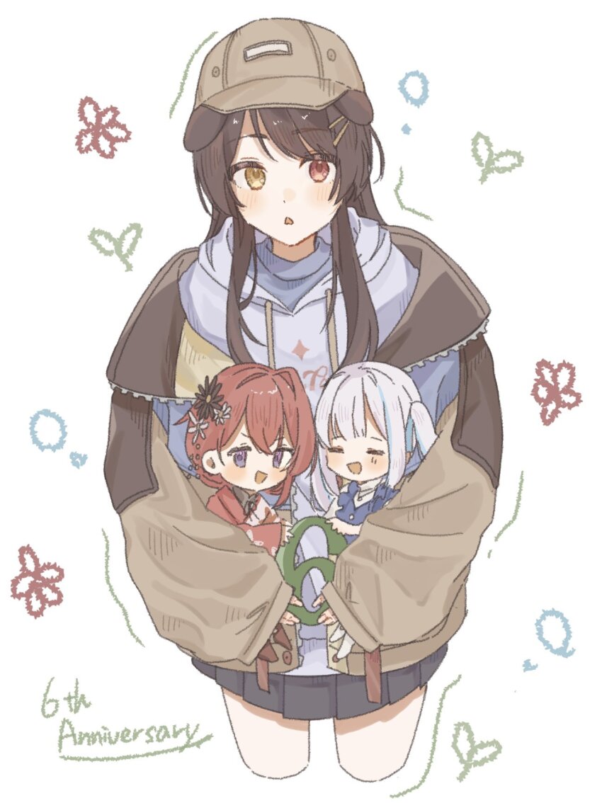 3girls :d =_= ange_katrina ange_katrina_(new_year) animal_ears anniversary baseball_cap blue_hair blush brown_hair brown_hat brown_jacket carrying carrying_multiple_people carrying_person chibi closed_eyes commentary_request cropped_legs dog_ears dot_nose flower grey_hoodie grey_skirt hair_flower hair_intakes hair_ornament hair_over_shoulder hairpin hat heterochromia highres hood hood_down hoodie inui_toko inui_toko_(8th_costume) jacket jewelry kanzashi lize_helesta lize_helesta_(10th_costume) long_hair looking_at_viewer mini_person minigirl miniskirt multicolored_hair multiple_girls multiple_hairpins necklace nijisanji off_shoulder open_clothes open_jacket open_mouth pleated_skirt purple_eyes red_eyes red_hair sanbaka_(nijisanji) sasugi_18 shirt sidelocks skirt sleeves_past_wrists smile straight-on streaked_hair triangle_mouth tsumami_kanzashi two-tone_hair virtual_youtuber white_background white_hair yellow_eyes