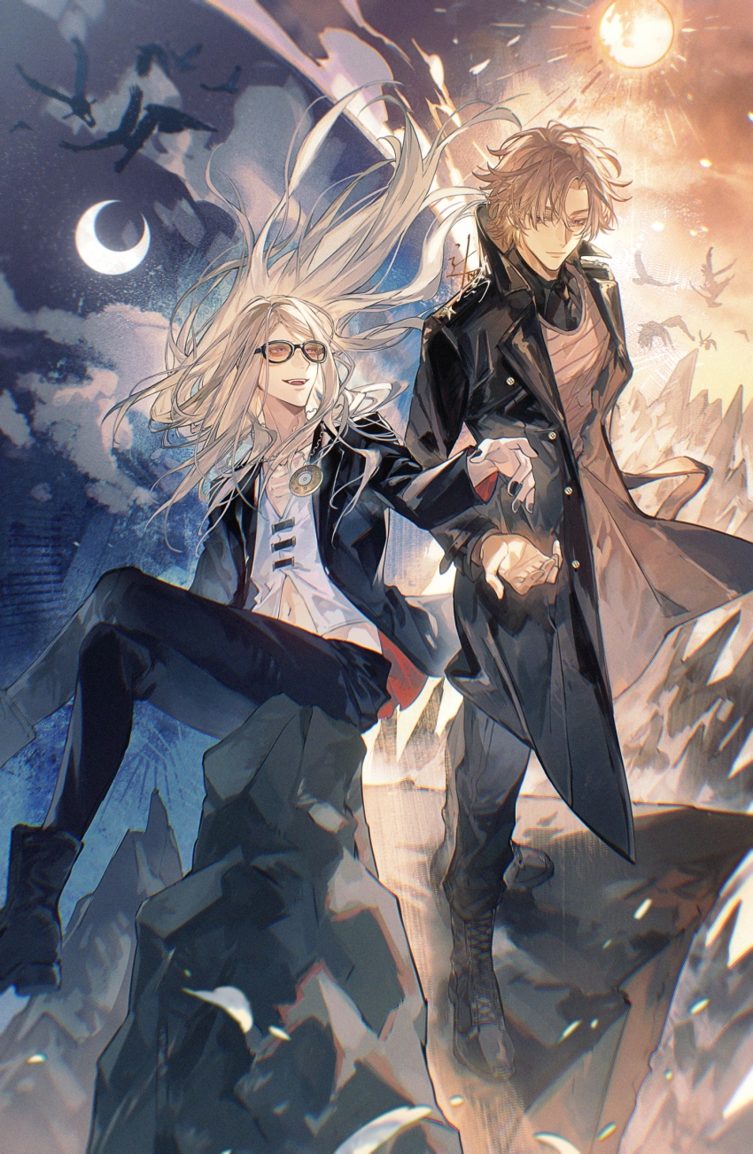 2boys black_coat black_jacket black_nails blonde_hair boots coat crescent_moon daybit_sem_void fate/grand_order fate_(series) flapper_shirt full_body highres jacket jewelry long_hair long_sleeves male_focus medallion moon multiple_boys necklace open_clothes open_jacket orange-tinted_eyewear pants purple_eyes shirt short_hair smile sqloveraven sun sunglasses tezcatlipoca_(fate) tinted_eyewear trench_coat white_shirt