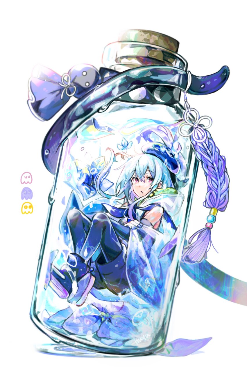 1boy absurdres arknights beret black_shirt black_shorts blue_eyes blue_hair blue_shoes bottle cape commentary crossed_arms detached_sleeves full_body ghost gloves hat highres hood hooded_cape in_bottle in_container knees_up light_blue_hair looking_at_viewer male_focus mizuki_(arknights) parted_lips petals pink_eyes purple_hair see-through_cape shirt shoes short_hair_with_long_locks shorts signature simple_background sneakers solo tentacles teruterubouzu water wed_(lim38869577) white_background white_gloves