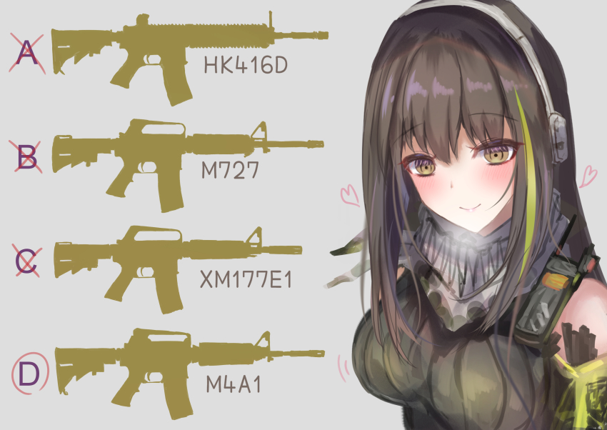 1girl absurdres bandana bare_shoulders blush brown_eyes brown_hair colt_commando girls&#039;_frontline green_hair grey_background gun headset heart highres long_hair m4a1_(girls&#039;_frontline) martinreaction multicolored_hair quiz ribbed_sweater rifle simple_background sleeveless sleeveless_sweater smile solo streaked_hair sweater two-tone_hair weapon