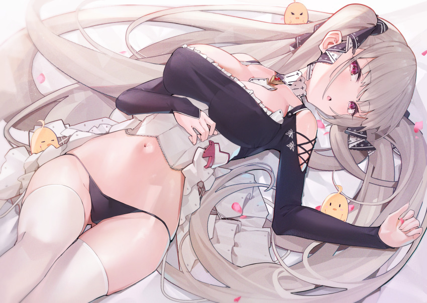 1girl :o absurdres asla_yu azur_lane steamed_bun bed_sheet between_breasts bird black_panties blunt_bangs blush breasts chick cleavage clothing_cutout commentary detached_collar dutch_angle food foot_out_of_frame formidable_(azur_lane) frills gem hair_ornament hair_ribbon half-closed_eyes hand_on_own_stomach highres jewelry large_breasts long_hair long_sleeves looking_at_viewer lying manjuu_(azur_lane) navel necktie on_back on_bed open_mouth panties parted_lips petals purple_eyes red_eyes revision ribbon shoulder_cutout silver_hair skindentation solo stomach thighhighs thighs thong twintails underwear very_long_hair white_thighhighs