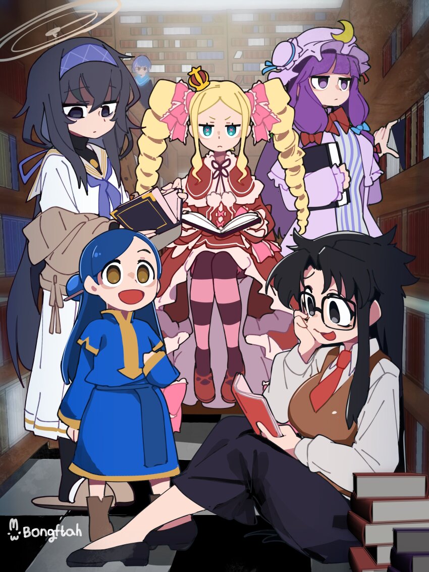 6+girls :d absurdres artist_name bags_under_eyes beatrice_(re:zero) black_hair black_pants blonde_hair blue_archive blue_bow blue_dress blue_eyes blue_hair blue_hairband blue_sailor_collar bongfill book bookshelf bow brown_halo brown_vest cardigan commentary crescent crescent_hat_ornament crossover crown dress drill_hair empty_eyes glasses grey_eyes hair_ribbon hairband halo hand_on_own_cheek hand_on_own_face hat hat_ornament highres holding holding_book honzuki_no_gekokujou indoors jitome kita_high_school_uniform library long_hair long_sleeves looking_at_another looking_at_viewer mini_crown mob_cap multiple_crossover multiple_girls myne_(honzuki_no_gekokujou) nagato_yuki neckerchief necktie open_book open_mouth pants patchouli_knowledge pile_of_books purple_hair purple_hairband purple_neckerchief re:zero_kara_hajimeru_isekai_seikatsu read_or_die rectangular_eyewear red_bow red_necktie ribbon sailor_collar school_uniform serafuku sidelocks sitting slippers smile striped_clothes striped_thighhighs suzumiya_haruhi_no_yuuutsu symbol-only_commentary symbol-shaped_pupils thighhighs tile_floor tiles touhou trait_connection twin_drills ui_(blue_archive) v-shaped_eyebrows vest white_serafuku winter_uniform yellow_eyes yomiko_readman
