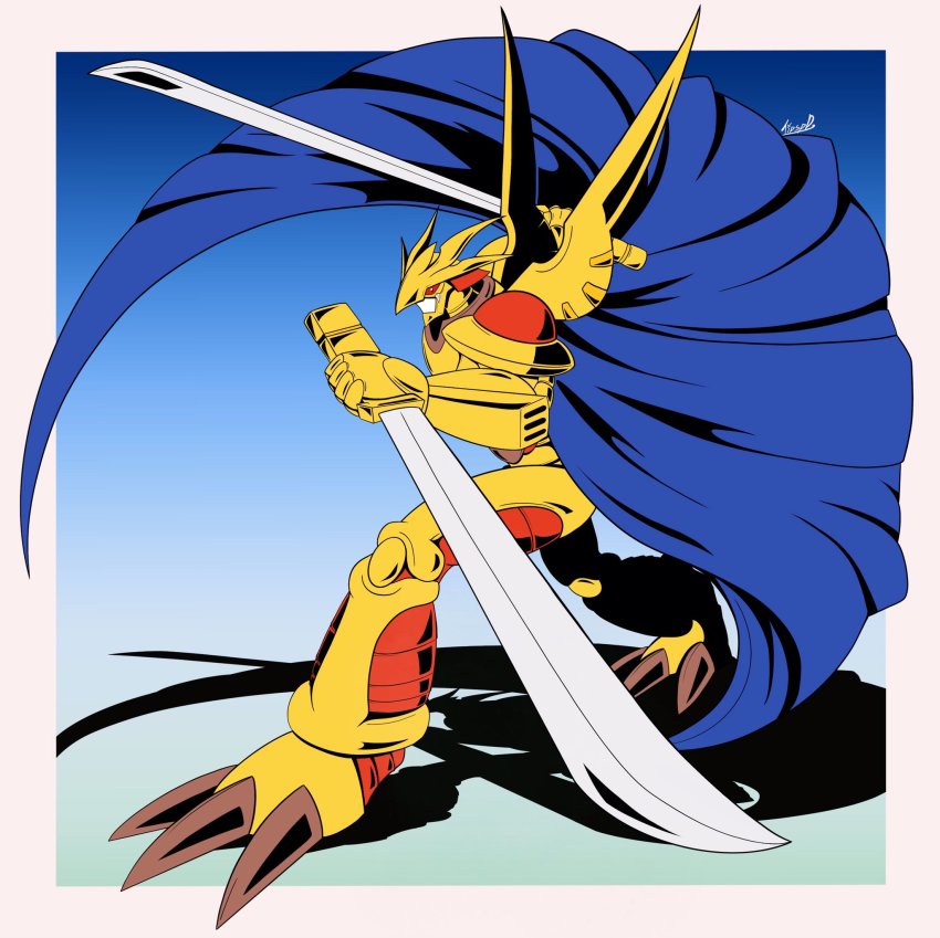 armor cape claws digimon dual_wielding grademon highres holding red_eyes sword weapon