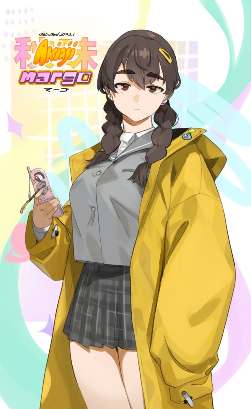 1girl absurdres akiaji_margo_(character) antique_firearm braid breasts brown_eyes brown_hair cellphone character_name coat collared_shirt commentary cowboy_shot english_text firearm firelock flintlock flip_phone grey_serafuku gun hair_between_eyes hair_ornament hairclip hashtag-only_commentary highres holding holding_phone indie_virtual_youtuber large_breasts legs_together long_sleeves looking_at_viewer low_twin_braids miniskirt mole mole_under_eye phone pleated_skirt school_uniform serafuku shirt skirt slime_(creature) slime_(dragon_quest) solo thernz thick_eyebrows thick_thighs thighs twin_braids weapon yellow_coat