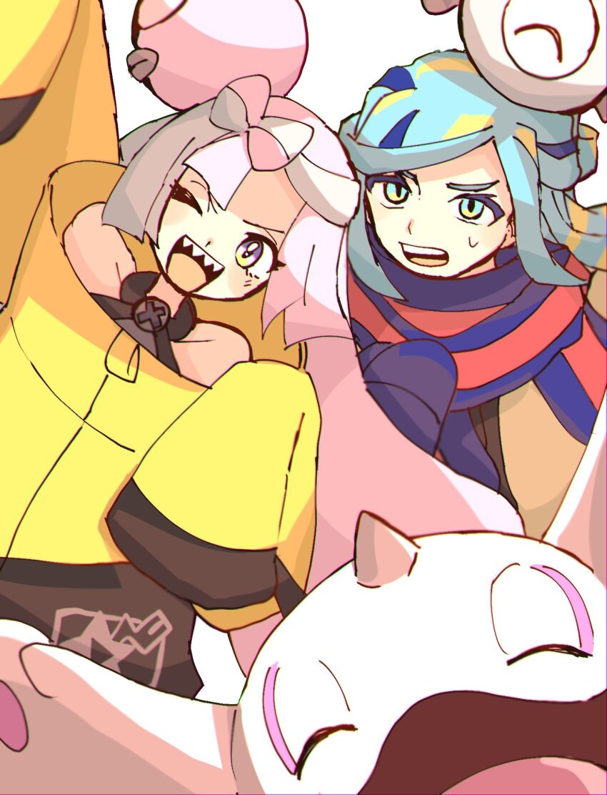 1boy 1girl blue_eyes blue_hair blue_scarf cetoddle character_hair_ornament closed_eyes grusha_(pokemon) hair_ornament highres iono_(pokemon) jacket multicolored_hair nintendo non_pmpm one_eye_closed open_mouth pink_eyes pink_hair pokemon pokemon_(creature) pokemon_sv scarf sharp_teeth sleeves_past_fingers sleeves_past_wrists star_(symbol) teeth two-tone_hair yellow_jacket