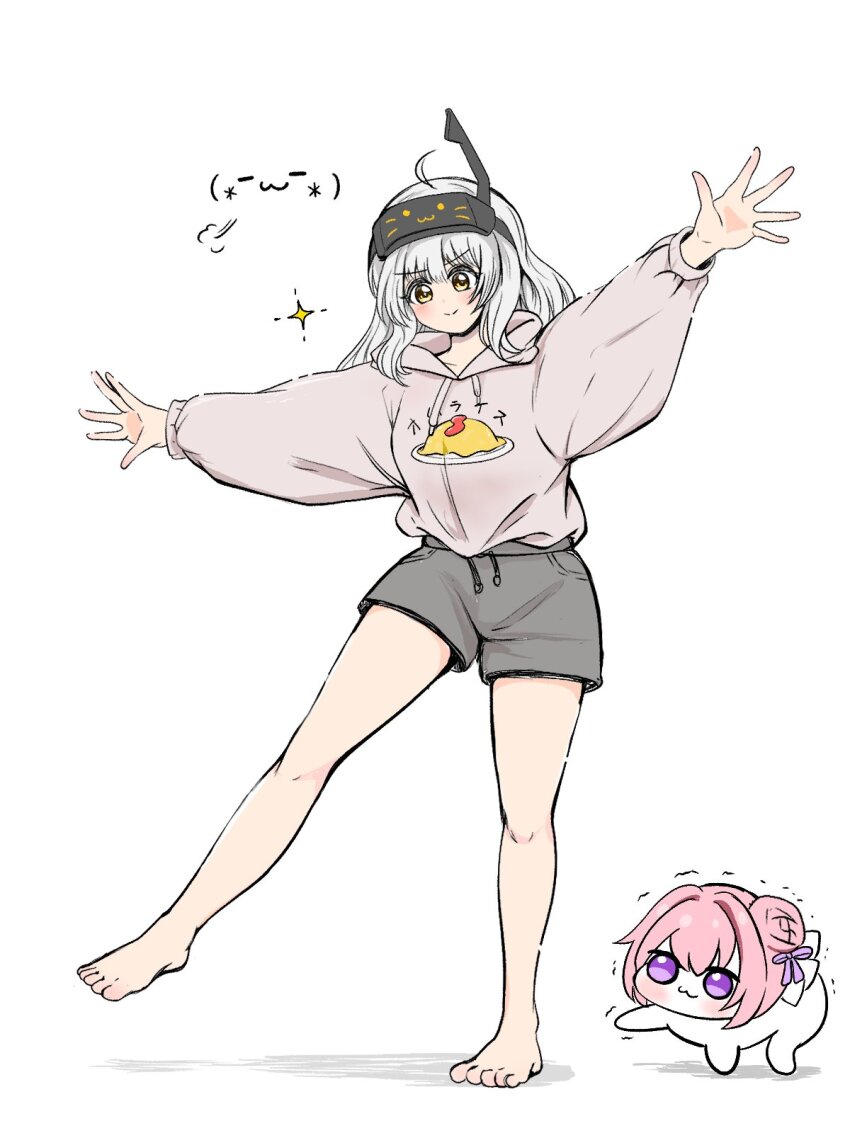 2girls :3 balancing_on_leg barefoot creature doro_(nikke) emoji emoticon flower-shaped_hair full_body goddess_of_victory:_nikke hair_bun hair_intakes head-mounted_display highres kaomoji leg_support meme multiple_girls pink_hair shiny_eyes simple_background smile snow_white_(innocent_days)_(nikke) snow_white_(nikke) standing standing_on_one_leg syoko1151 tagme visor_lift white_background white_hair
