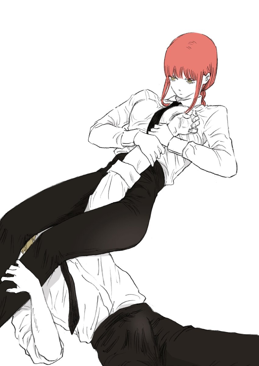 1boy 1girl absurdres armbar black_necktie blonde_hair braid braided_ponytail breasts bulge chainsaw_man denji_(chainsaw_man) erection erection_under_clothes highres makima_(chainsaw_man) medium_breasts necktie red_eyes senaka_look sidelocks single_braid wrestling yellow_eyes