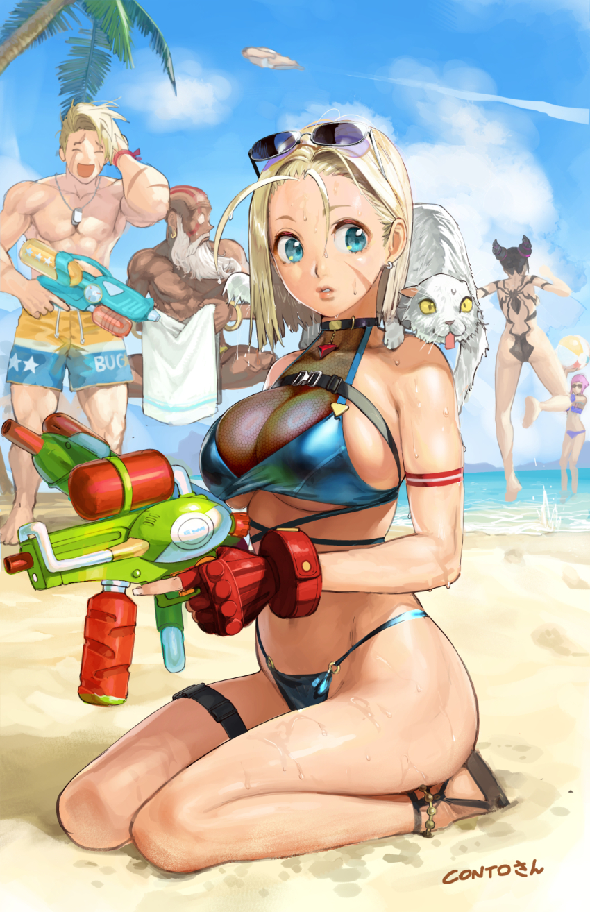 2boys 3girls ass bald beach beard bikini blonde_hair breasts cammy_white capcom cat commentary conto dark-skinned_male dark_skin dhalsim e._honda english_commentary eyewear_on_head facial_hair han_juri highres large_breasts legs luke_sullivan male_swimwear manon_legrand medium_breasts multiple_boys multiple_girls ocean palm_tree sand scar scar_across_eye scar_on_face see-through_clothes see-through_swimsuit smile street_fighter street_fighter_6 sunglasses swim_trunks swimsuit tree water water_gun wet