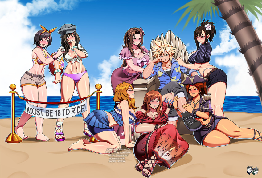 1boy 6+girls aerith_gainsborough all_fours beach breasts chair cissnei cleavage cloud_strife final_fantasy final_fantasy_vii final_fantasy_vii_remake harem jadenkaiba jessie_rasberry kyrie_canaan large_breasts long_hair lying multiple_girls navel ocean on_side palm_tree pimp sitting standing stomach tifa_lockhart tree yuffie_kisaragi