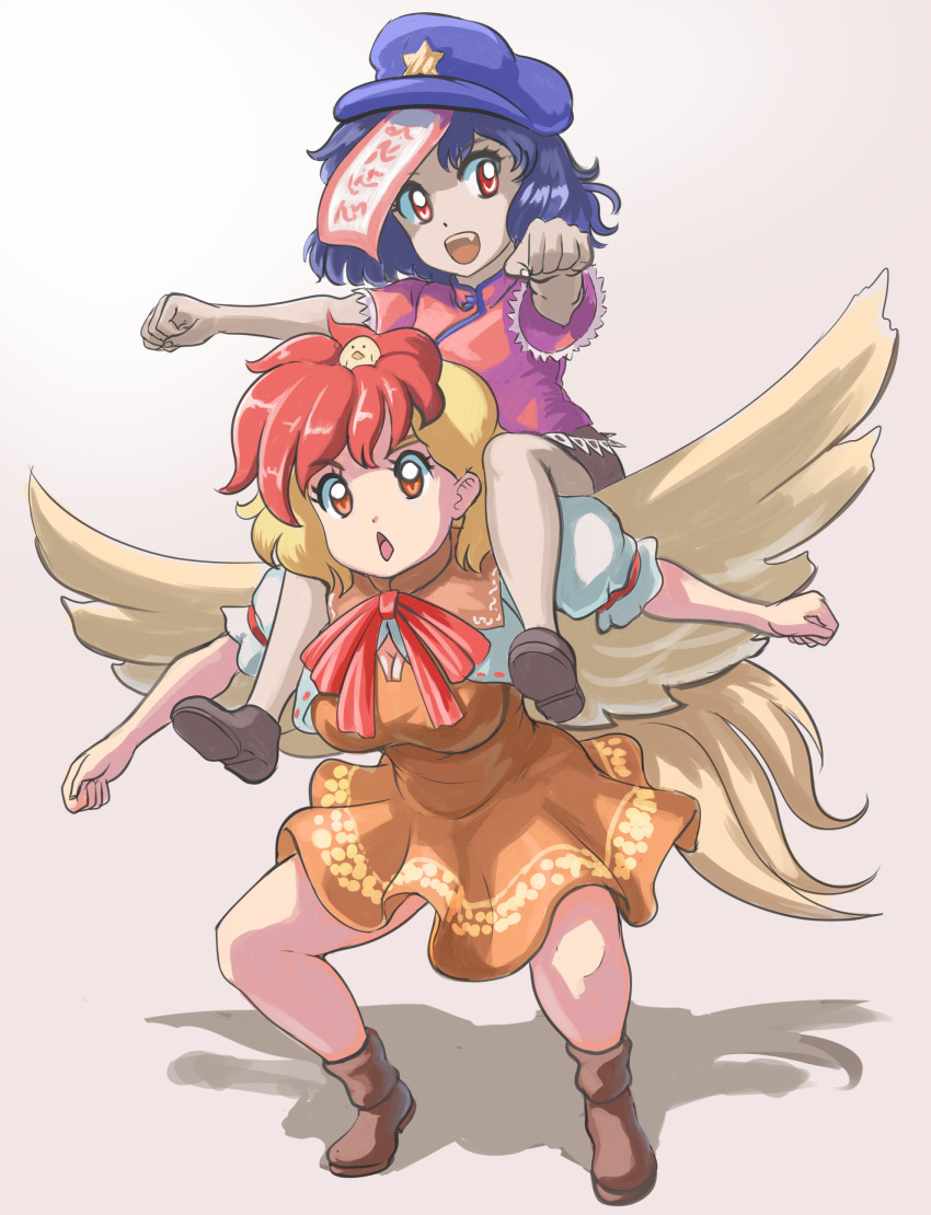 2girls absurdres animal animal_on_head bird bird_on_head bird_tail bird_wings blonde_hair blue_hair boots brown_boots cabbie_hat chicken_jockey_(meme) dress hat highres meme miyako_yoshika multiple_girls niwatari_kutaka on_head open_mouth orange_dress outstretched_arms profitshame red_eyes riding tail touhou wings
