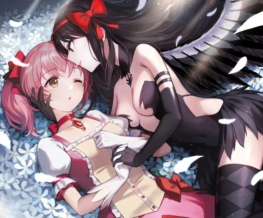 2girls akemi_homura akuma_homura argyle_clothes argyle_thighhighs bare_shoulders black_gloves black_hair black_thighhighs black_wings bow brown_eyes choker closed_mouth collarbone commentary_request covered_navel elbow_gloves eye_contact feather-trimmed_dress feathered_wings flower flower_bed gloves hair_bow hair_ribbon hairband holding_hands kaname_madoka kaname_madoka_(magical_girl) long_hair looking_at_another lying magical_girl mahou_shoujo_madoka_magica mahou_shoujo_madoka_magica:_hangyaku_no_monogatari multiple_girls on_back one_eye_closed parted_lips pink_hair puffy_short_sleeves puffy_sleeves red_bow red_choker red_hairband ribbon short_hair short_sleeves short_twintails soul_gem thighhighs tuna_picture twintails white_flower white_gloves wings yuri