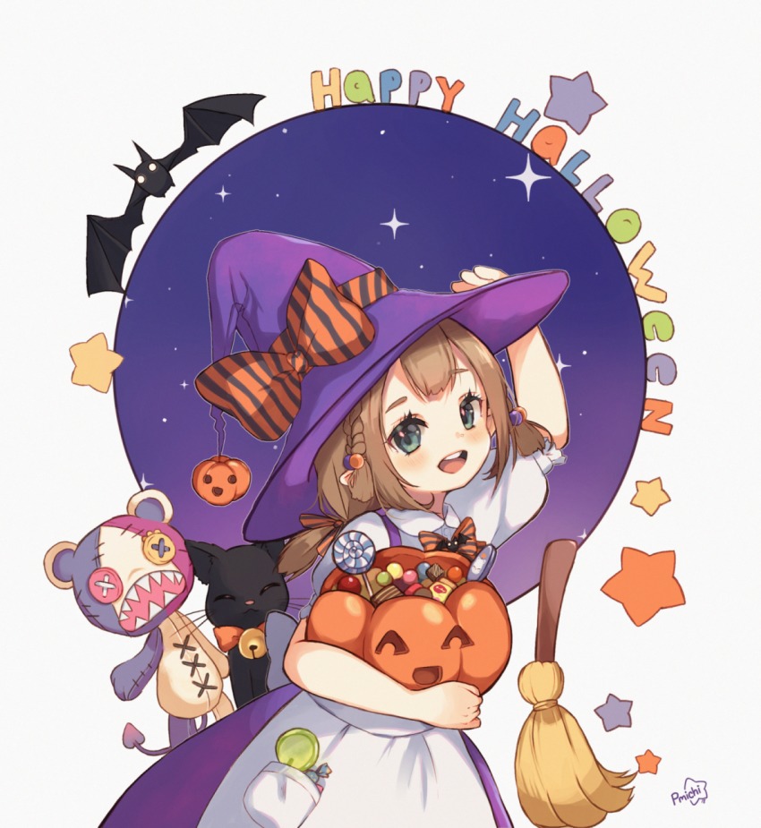 1girl asagawa_mikan_(peachy_michi) bat_(animal) black_cat blue_eyes bow broom brown_hair candy cat dress female_focus final_fantasy final_fantasy_xiv food halloween halloween_bucket halloween_costume hand_on_headwear happy_halloween hat highres holding jack-o&#039;-lantern lalafell lollipop looking_at_viewer pointy_ears purple_dress short_hair solo stuffed_animal stuffed_toy witch_hat