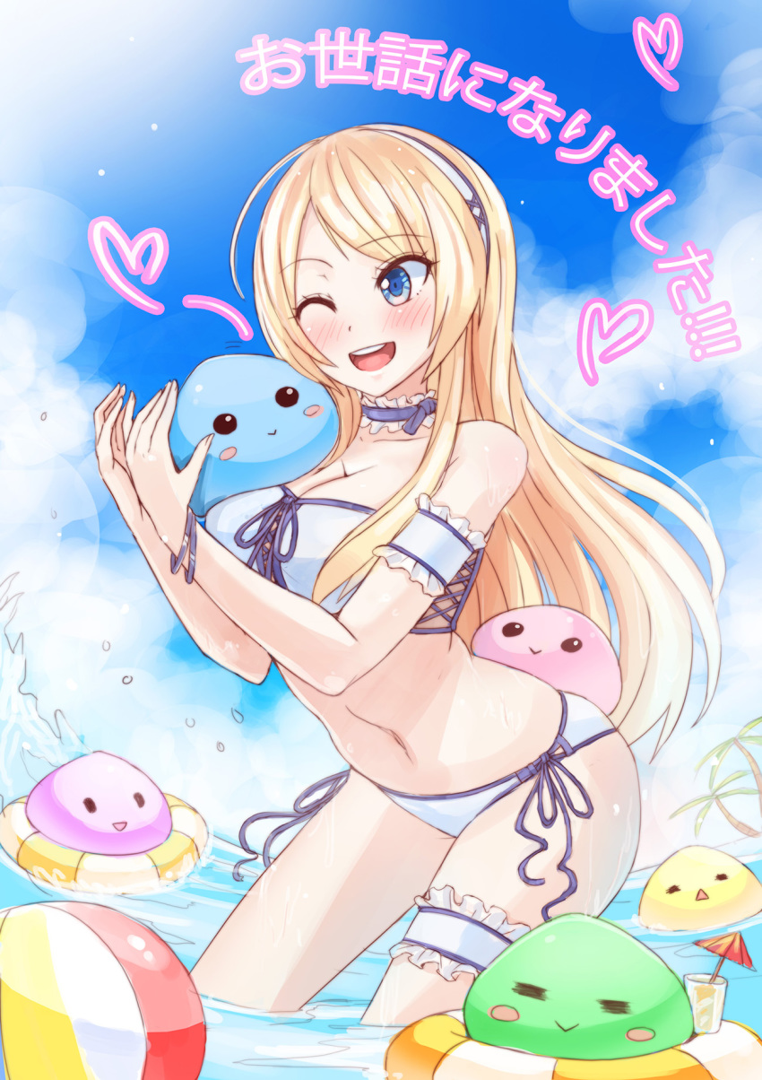 1girl :&gt; ;d =_= armband ball beachball bikini blonde_hair blue_eyes blue_sky blush bracelet breasts choker cleavage cocktail_umbrella commentary creature crystalline day frilled_thigh_strap front-tie_bikini_top front-tie_top hairband heart highres innertube jewelry large_breasts leanna_dawn long_hair navel one_eye_closed open_mouth palm_tree pango_(crystalline) side-tie_bikini_bottom sky smile strapless sunimu swim_ring swimsuit thigh_strap tree wading water wet
