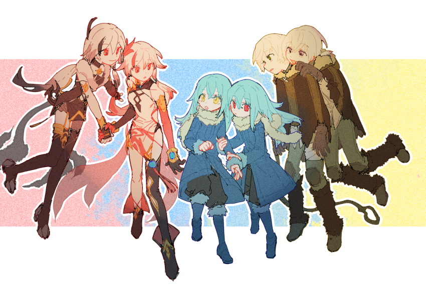 2boys 2girls 2others ankle_boots arm_grab bandaged_leg bandages black_dress black_footwear black_hair black_thighhighs blue_background blue_coat blue_footwear boots brown_gloves brown_jacket character_request china_dress chinese_clothes ciel_(tensura) coat copyright_request crossover dress floating_hair fu_hua fu_hua_(phoenix) fumetsu_no_anata_e fur-trimmed_boots fur-trimmed_sleeves fur_scarf fur_trim fushi gloves gradient_hair greebche green_eyes grey_pants hands_on_another&#039;s_shoulders holding_hands honkai_(series) honkai_impact_3rd jacket knee_boots long_hair look-alike looking_at_another looking_away looking_back multicolored_hair multiple_boys multiple_crossover multiple_girls multiple_others outline outstretched_arm pants pants_tucked_in pelvic_curtain purple_eyes red_background red_eyes rimuru_tempest rope short_dress single_thighhigh smile streaked_hair tensei_shitara_slime_datta_ken the_nameless_boy_(fumetsu_no_anata_e) thighhighs white_dress white_outline yellow_background yellow_eyes