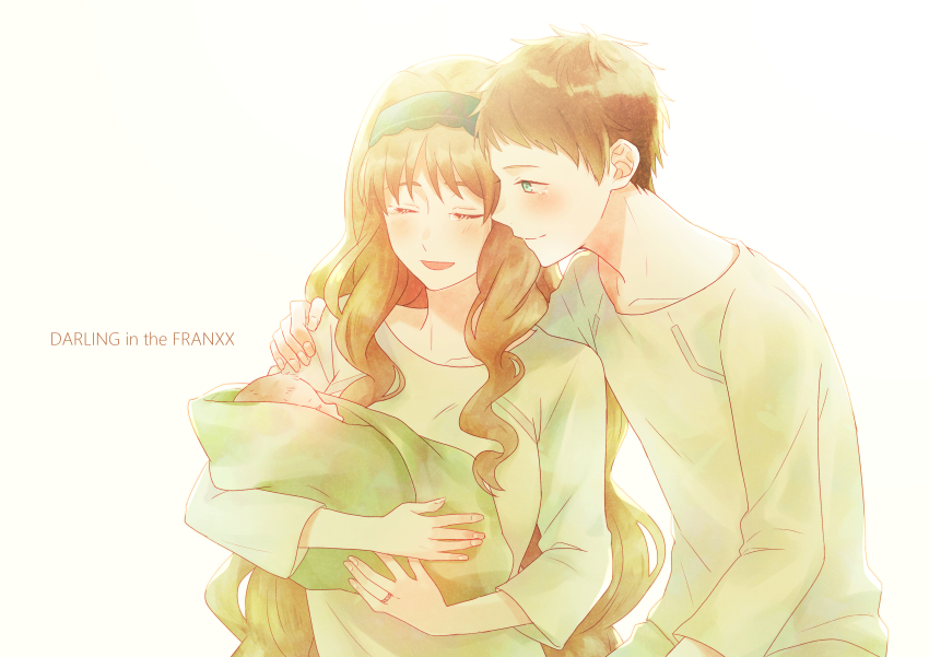 1boy 1girl 1other absurdres baby blue_eyes brown_hair carrying_baby carrying_person closed_eyes closed_mouth collarbone commentary_request copyright_name couple darling_in_the_franxx facing_another family fingernails green_shirt happy_tears harino_(harin0214) highres jewelry kokoro_(darling_in_the_franxx) leaning_on_person long_hair long_sleeves looking_at_another mitsuru_(darling_in_the_franxx) open_mouth partial_commentary ring shirt short_hair simple_background smile t-shirt tears upper_body white_background white_shirt
