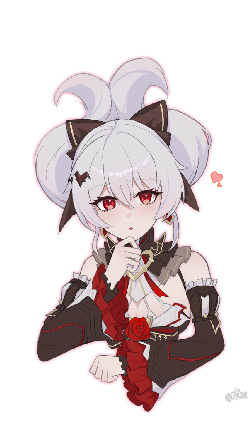 1girl absurdres alternate_hairstyle bare_shoulders black_bow black_collar black_sleeves bow breasts chinese_commentary cleavage collar commentary_request cropped_torso detached_sleeves earrings floating_hair flower grey_hair hair_between_eyes hair_bow hand_up heart highres honkai_(series) honkai_impact_3rd hui_yu_yu_yu_ye jewelry large_breasts light_blush long_hair looking_at_viewer parted_lips red_eyes red_flower red_rose rose simple_background solo theresa_apocalypse theresa_apocalypse_(luna_kindred) theresa_apocalypse_(lunar_vow:_crimson_love) white_background