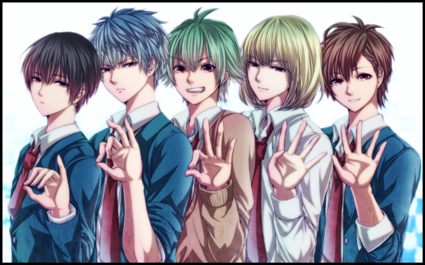 .flow 5boys asymmetrical_bangs backlighting bad_id bad_pixiv_id black_border black_hair blonde_hair border brown_hair buttons chie_(lcddem) collared_shirt crossover genderswap genderswap_(ftm) green_hair head_tilt jacket lcddem looking_at_viewer madotsuki male_focus multiple_boys multiple_crossover necktie nose olmatown red_eyes sabitsuki school_uniform shirt short_hair sidelocks silver_hair simple_background smile teeth trait_connection unworn_jacket urotsuki usotsuki white_background yume_2kki yume_nikki yume_nisshi