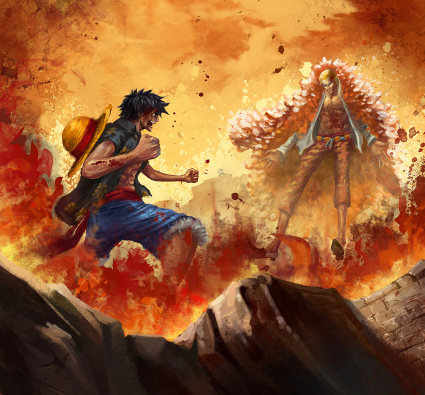 2boys absurdres belt black_hair black_shirt blonde_hair blood clenched_hand coat donquixote_doflamingo feather_coat fighting_stance fire floral_print fur_trim hat_on_back highres ljjshmhday long_sleeves looking_at_another monkey_d._luffy multiple_boys one_piece open_clothes open_mouth orange_background pink_coat red_belt shirt short_hair short_sleeves shorts smile smoke sunflower_print sunglasses white_shirt wreckage yellow_belt
