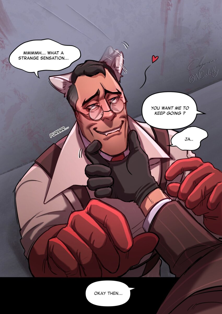 2boys animal_ears black_gloves black_hair blood blood_on_wall blood_stain blush brown_coat brown_jacket cabbage_(ncalabby) cat_boy cat_ears coat collared_coat collared_shirt dried_blood ear_wiggle elbow_gloves english_text fangs fangs_out formal_clothes furrowed_brow glasses gloves grey_eyes hand_on_another&#039;s_chin hands_up harness harness_belt heart highres jacket kemonomimi_mode kneeling long_sleeves looking_at_another looking_up male_focus male_pubic_hair mature_male medic_(tf2) medical_gloves moaning multiple_boys muscular muscular_male necktie pubic_hair purring red_gloves red_medic_(tf2) red_necktie red_spy_(tf2) rubber_gloves scratching scratching_chin shirt short_hair smile speech_bubble spy_(tf2) standing suit talking team_fortress_2 teeth upper_body upper_teeth_only white_shirt white_undershirt yaoi