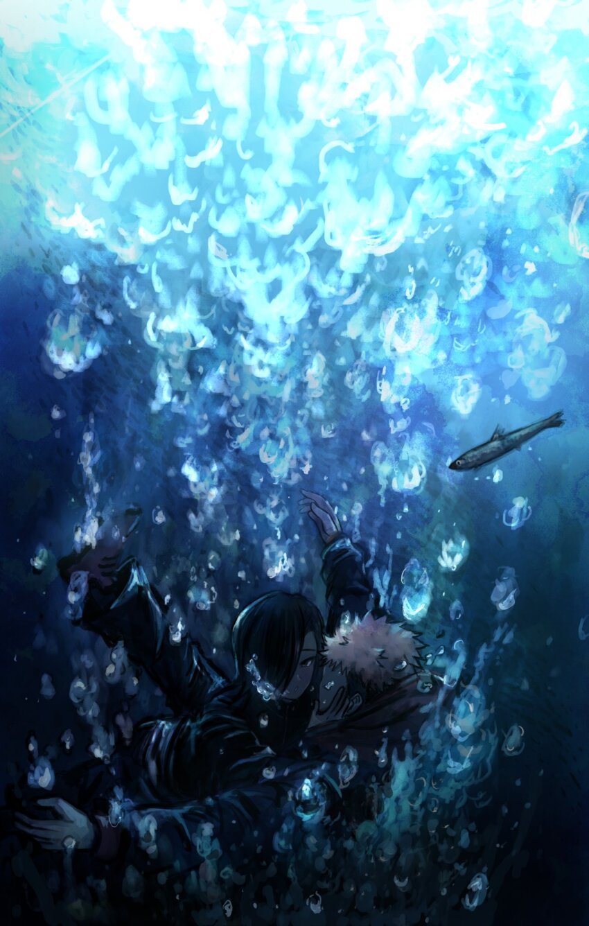 2boys :o air_bubble black_hair black_jacket blush bubble fish grey_eyes hair_over_one_eye hand_on_another&#039;s_cheek hand_on_another&#039;s_face highres hood hoodie itadori_yuuji jacket jujutsu_kaisen jujutsu_tech_uniform multiple_boys outstretched_arms pink_hair red_hoodie underwater y725natsu yoshino_junpei
