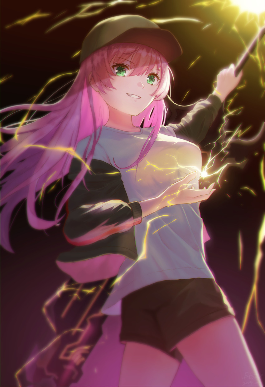 1girl :d absurdres aikawa_megumi arm_up baseball_cap black_hat black_jacket black_shorts breasts commentary cowboy_shot electricity electrokinesis fighting_stance floating_hair flowingcrescent green_eyes grin hair_between_eyes hand_up hat heaven_burns_red highres holding holding_weapon jacket long_hair long_sleeves looking_at_viewer medium_breasts open_clothes open_jacket open_mouth pink_hair shirt shorts simple_background smile solo underlighting v-shaped_eyebrows weapon white_shirt