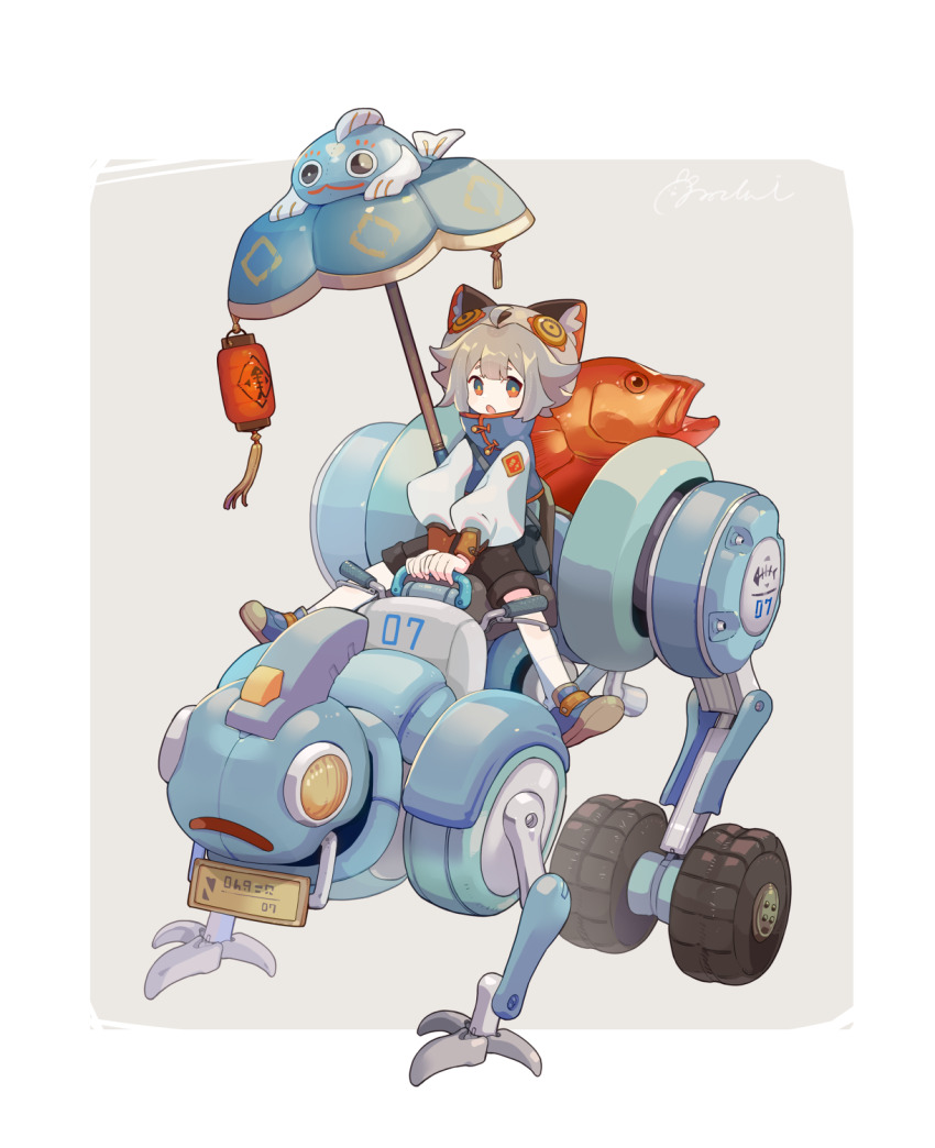 1other androgynous animal_ear_fluff animal_ears blue_footwear commentary_request full_body green_eyes grey_background grey_hair highres lantern long_sleeves looking_at_viewer medium_hair multicolored_eyes open_mouth orange_eyes original paper_lantern robot shoes simple_background sitting sorata123 two-tone_background two-tone_eyes white_background