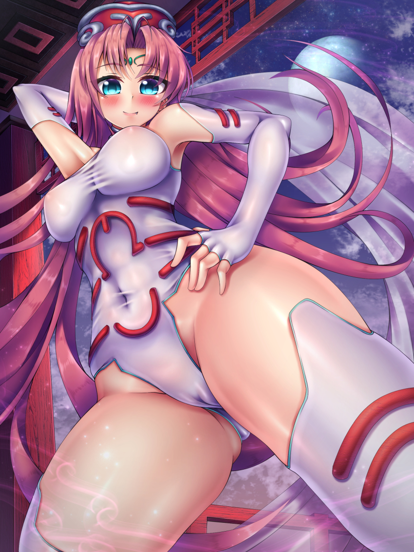 1girl absurdres blue_eyes bodysuit breasts cameltoe derivative_work facial_mark fang female_focus forehead_mark highleg highleg_leotard highres houshin_engi impossible_clothes impossible_leotard leotard looking_at_viewer oooqqq pink_hair skin_tight smile so_dakki solo thighs