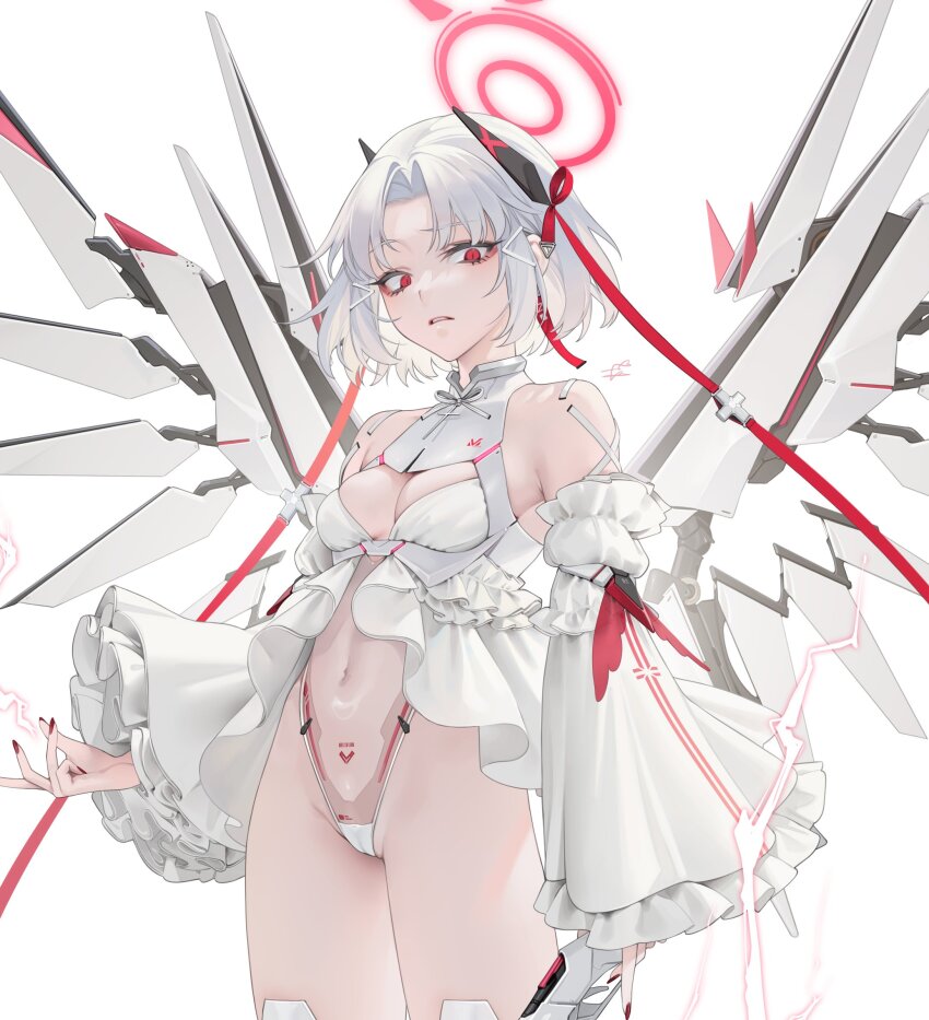 1girl alternate_costume armored_leotard breasts cameltoe cleavage commentary covered_navel cowboy_shot curtained_hair detached_sleeves detached_wings drake_(nikke) electricity english_commentary eyelashes frilled_leotard frilled_sleeves frills frown goddess_of_victory:_nikke hair_ribbon halo hashtag-only_commentary highres leotard looking_at_viewer mechanical_wings nail_polish navel ohisashiburi parted_bangs parted_lips red_eyes red_halo red_lightning red_nails red_ribbon ribbon see-through_clothes see-through_leotard short_hair signature simple_background slit_pupils small_breasts solo standing white_background white_hair wide_sleeves wings