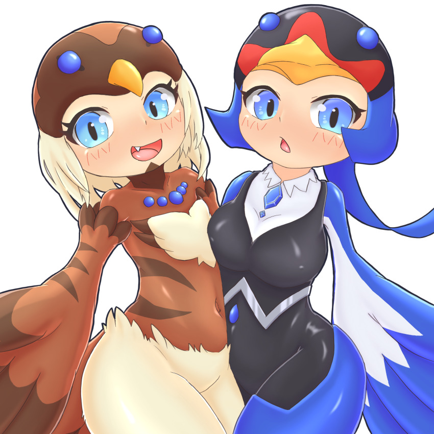 2girls bird_hat bird_hood bird_legs bird_tail blonde_hair blue_eyes blush breasts brown_wings covered_navel duel_monster fang harpy highres looking_at_viewer lyrilusc_-_cobalt_sparrow lyrilusc_-_sapphire_swallow monster_girl multiple_girls open_mouth simple_background small_breasts suzuki_(pixiv_94103823) tail white_background winged_arms wings yu-gi-oh!