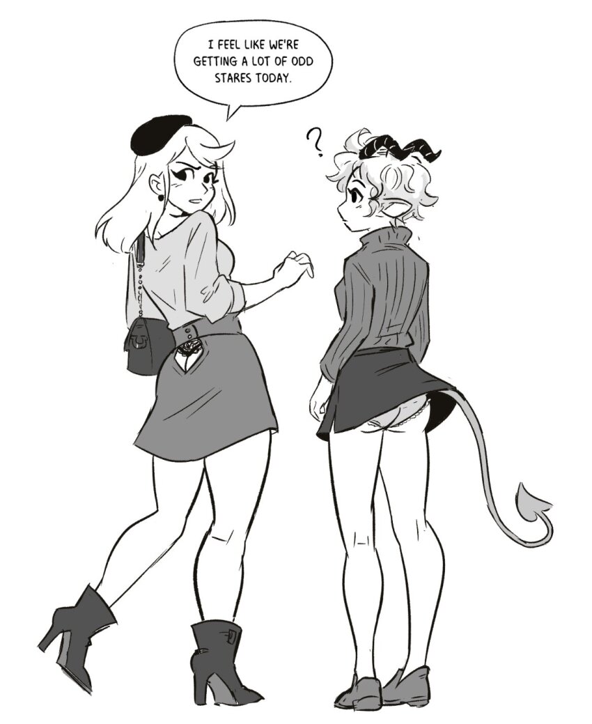 2girls ? bag beret blonde_hair closed_mouth commentary cosplay costume_switch demon_girl demon_tail earrings english_commentary facing_away goat_girl greyscale handbag hat high_heels highres horns jewelry looking_at_another looking_at_viewer looking_back madison_(spicymancer) medium_hair miniskirt monochrome multiple_girls panties pantyshot parted_lips pointy_ears profile rumble_after_dark shirt shoes short_hair simple_background skirt skirt_cutout sleeves_rolled_up sophie_(spicymancer) spicymancer tail turtleneck underwear white_background