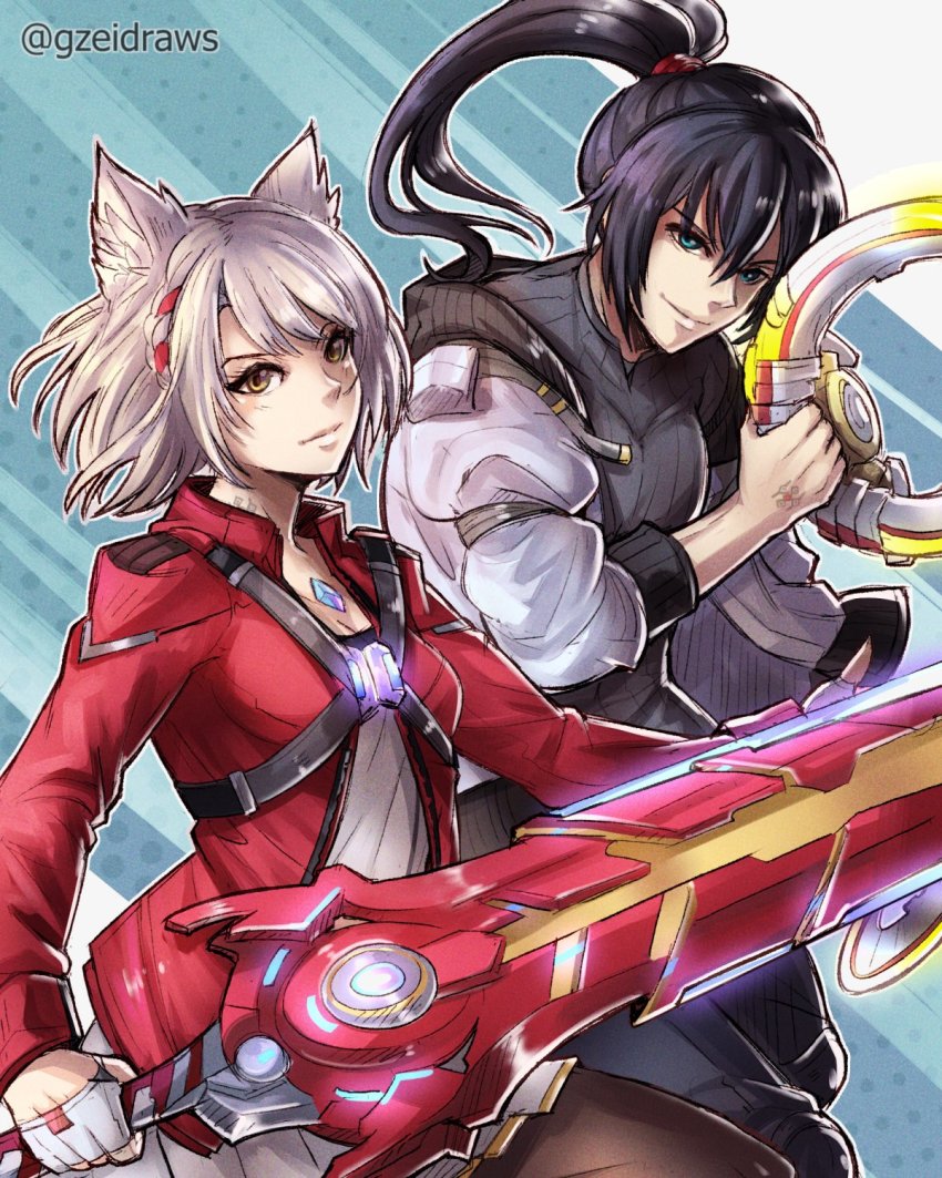 1boy 1girl animal_ears black_hair blue_eyes breasts cat_ears chakram chest_jewel collarbone cosplay costume_switch gzei hair_tie highres jacket leggings long_hair looking_at_viewer mio_(xenoblade) mio_(xenoblade)_(cosplay) monolith_soft noah_(xenoblade) noah_(xenoblade)_(cosplay) pantyhose ponytail red_jacket shirt short_hair simple_background small_breasts sword weapon white_hair xeno_(series) xenoblade_chronicles_(series) xenoblade_chronicles_3 yellow_eyes