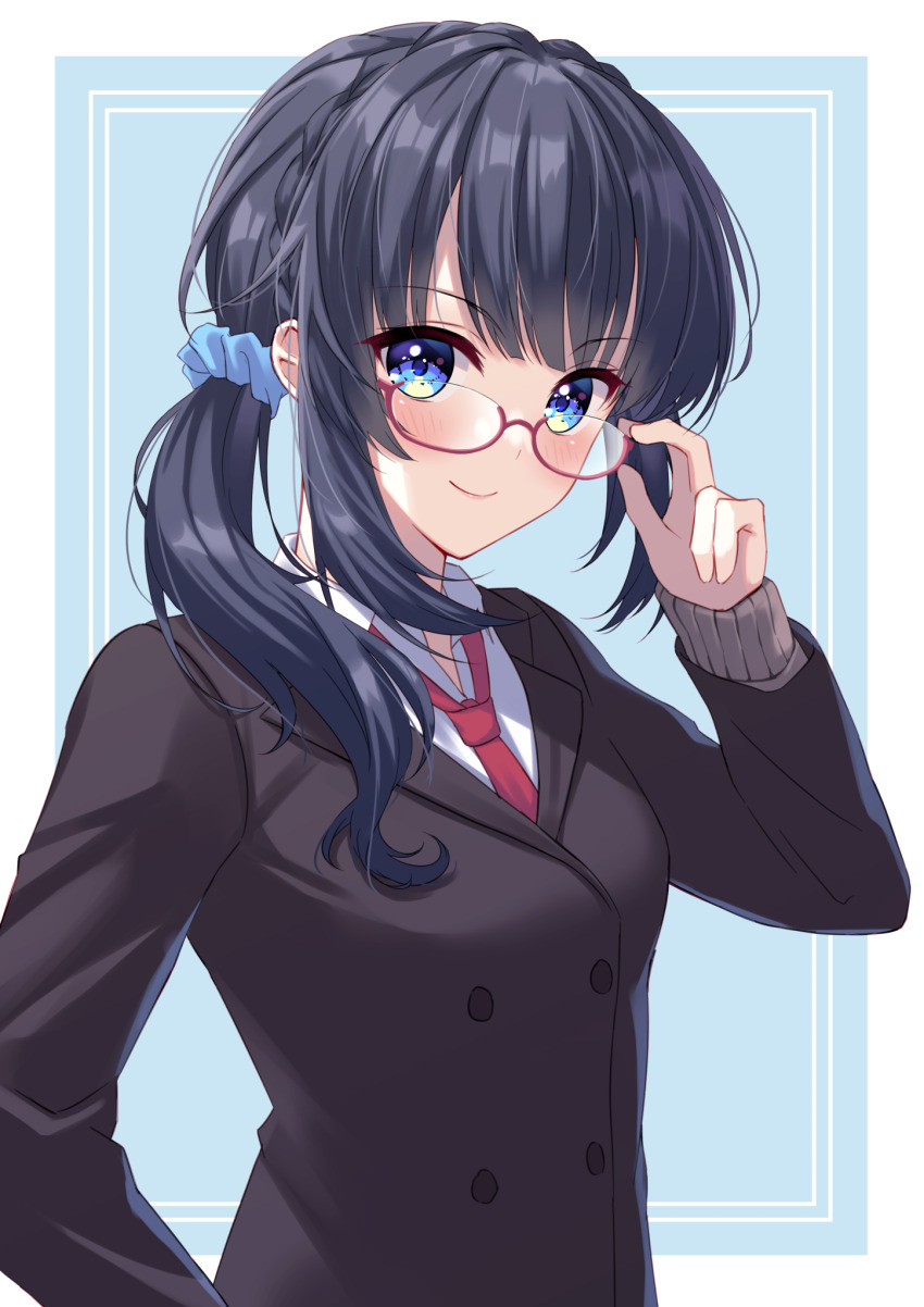 1girl adjusting_eyewear black_hair black_jacket blue_background blue_eyes blue_scrunchie blunt_bangs blush border braid commentary_request cuckoo_ki eyelashes glasses hand_up highres jacket lips long_hair looking_at_viewer necktie ponytail red-framed_eyewear red_necktie school_uniform scrunchie semi-rimless_eyewear side_braid sidelocks simple_background smile solo sousaku_kanojo_no_renai_koushiki tsukimizaka_kiriha very_long_hair white_border